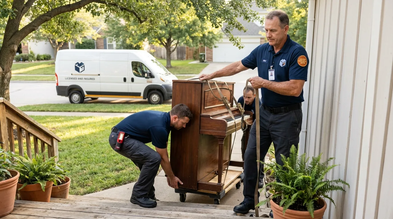 Licensed piano movers securing grand piano in Yorkville, OH