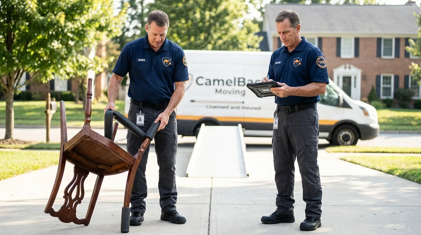 Movers inspecting furniture for damage prevention before loading in Yorkville, OH