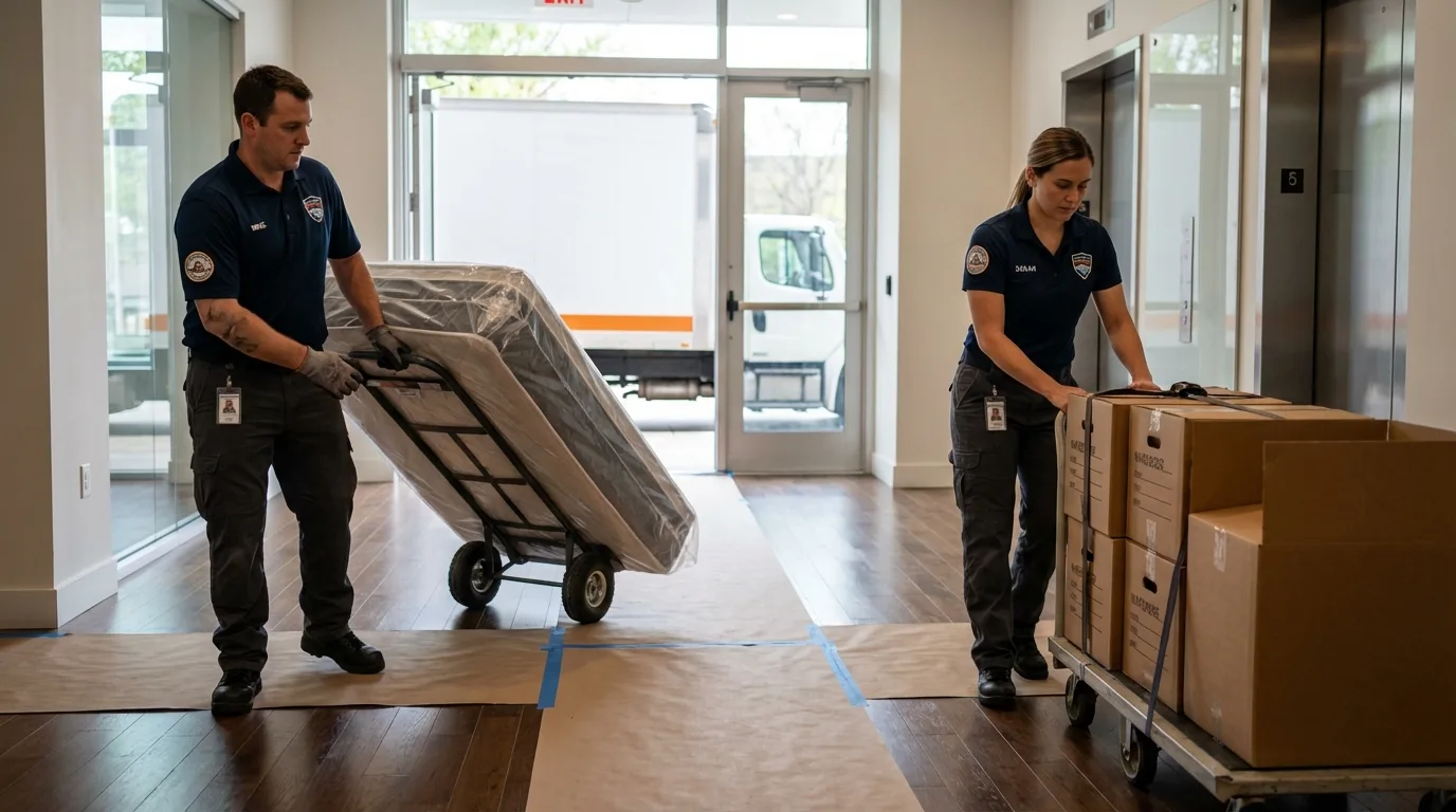 Professional apartment movers loading elevator in Yorkville, OH
